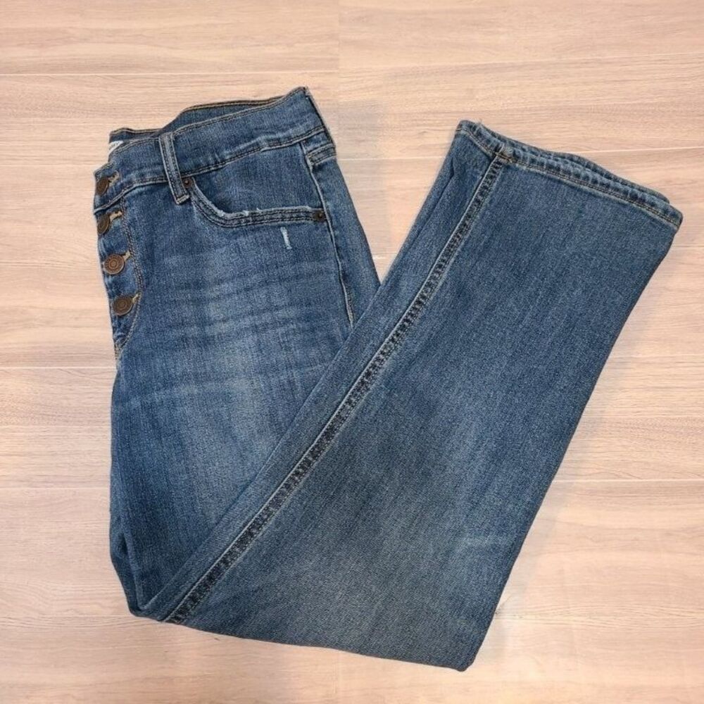Old Navy Womens 8 Flare Ankle Jeans Cropped Medium Wash Distressed Button Fly